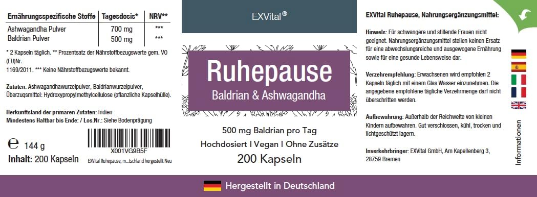Ruhepause, mit Baldrian &amp; Ashwagandha, 200 hochdosierte Kapseln von EXVital