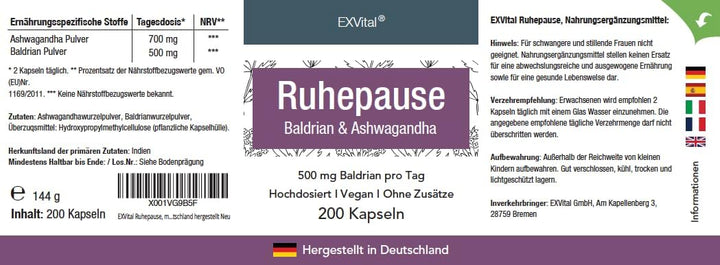 Ruhepause, mit Baldrian &amp; Ashwagandha, 200 hochdosierte Kapseln von EXVital