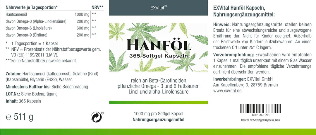 Hanföl Kapseln hochdosiert mit 1000mg Hanfsamenöl, Omega 3 und Omega 6