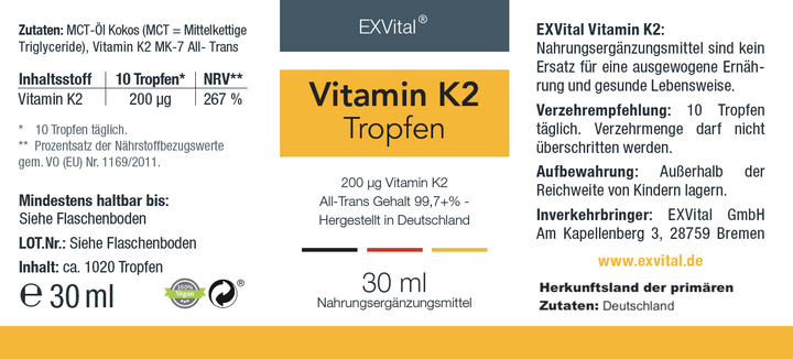 Vitamin K2 - Menaquinon MK-7 all-trans-Vitamin hochdosiert von EXVital, 30ml Tropfen