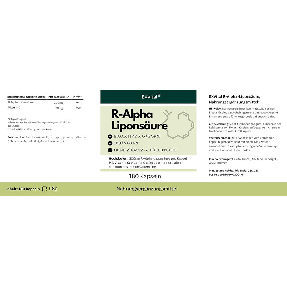 R-Alpha-Liponsäure 180 Kapseln, 300mg von EXVital