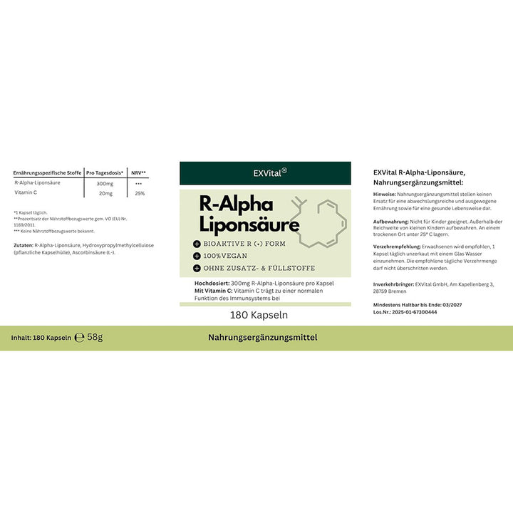R-Alpha-Liponsäure 180 Kapseln, 300mg von EXVital