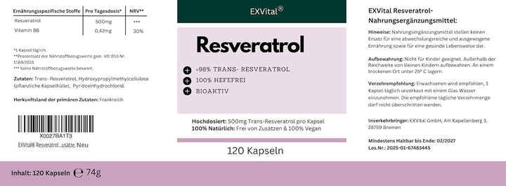 Resveratrol Kapseln, 500mg pro Kapsel, vegan von EXVital