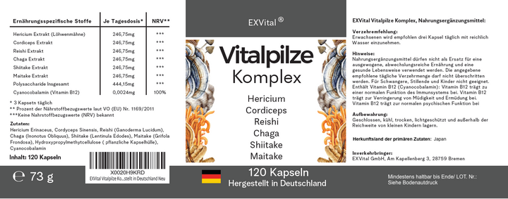 Vitalpilze Komplex- Hericium, Cordyceps, Reishi, Chaga, Shiitake &amp; Maitake von EXVital