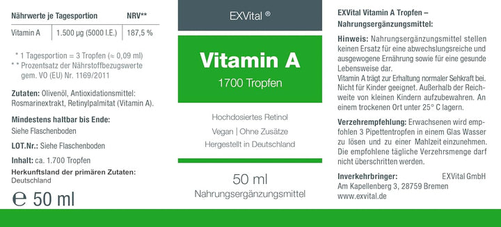 Vitamin A Tropfen (Retinol) von EXVital