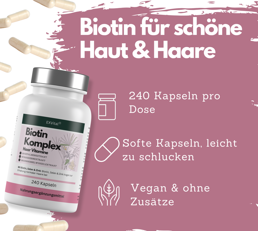 Biotin Komplex Kapseln, hochdosiert mit 10.000µg Biotin pro Tagesdosis, 240 Stück von EXVital