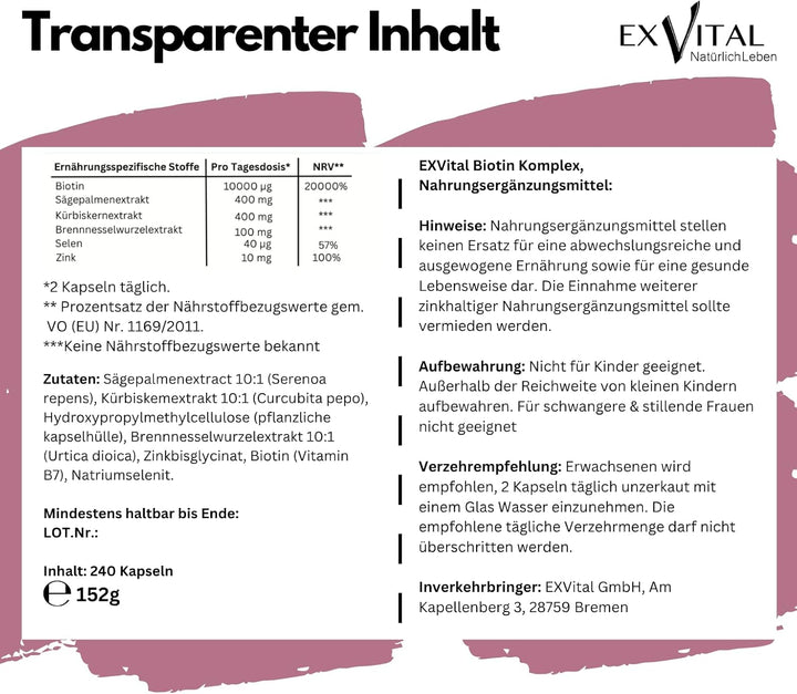 Biotin Komplex Kapseln, hochdosiert mit 10.000µg Biotin pro Tagesdosis, 240 Stück von EXVital