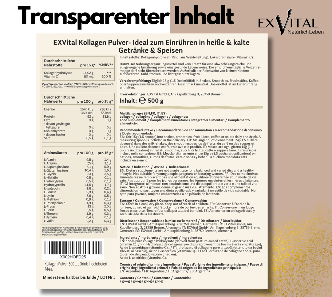 Kollagen Pulver mit Vitamin C (500g) von EXVital