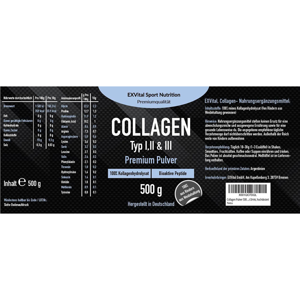 Collagen Pulver 500 Gramm, Bioaktives Kollagen von EXVital