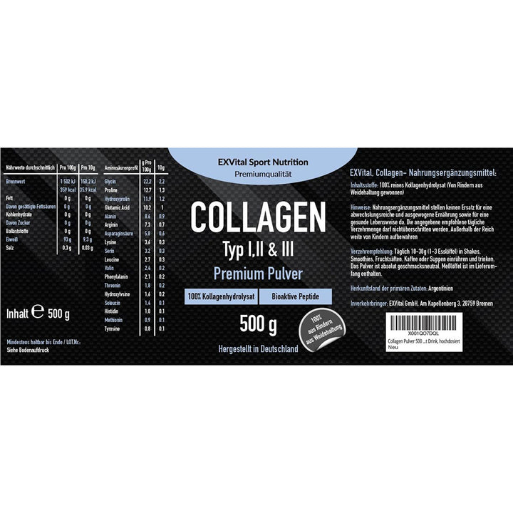 Collagen Pulver 500 Gramm, Bioaktives Kollagen von EXVital
