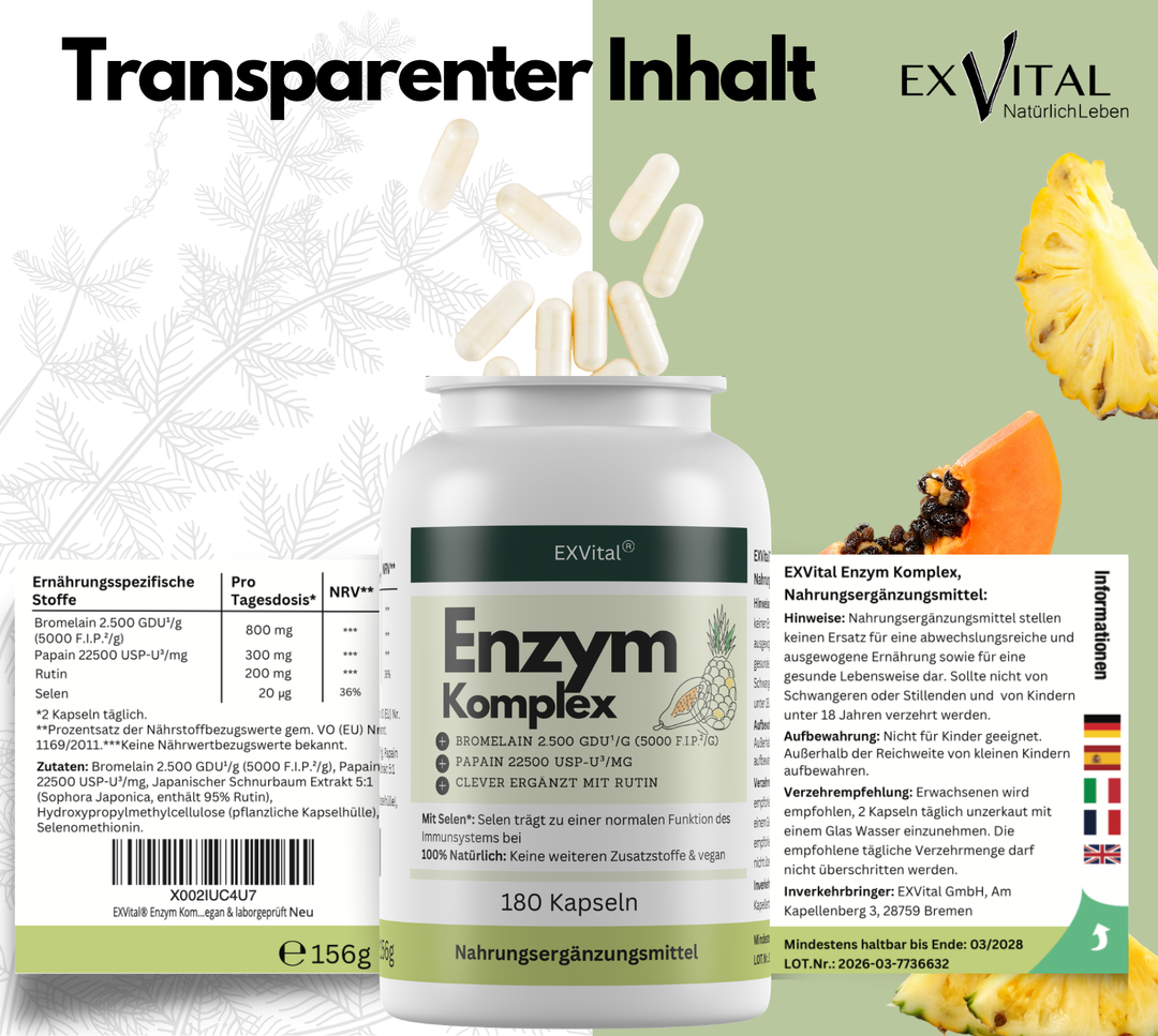 Enzym Komplex, mit 800mg Bromelain (5000 F.I.P), 300mg Papain, Rutin &amp; Selen, 180 Kapseln von EXVital