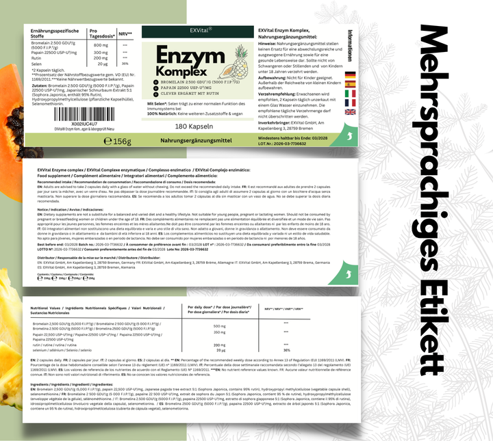 Enzym Komplex, mit 800mg Bromelain (5000 F.I.P), 300mg Papain, Rutin &amp; Selen, 180 Kapseln von EXVital