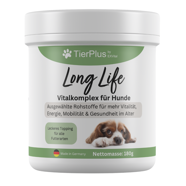 Long Life Vitalkomplex-Pulver für Hunde, mit Omega 3 Fettsäuren, Propolis &amp; mehr, TierPlus von EXVital