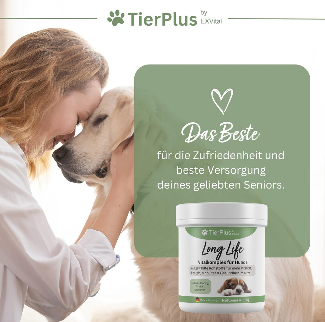 Long Life Vitalkomplex-Pulver für Hunde, mit Omega 3 Fettsäuren, Propolis &amp; mehr, TierPlus von EXVital
