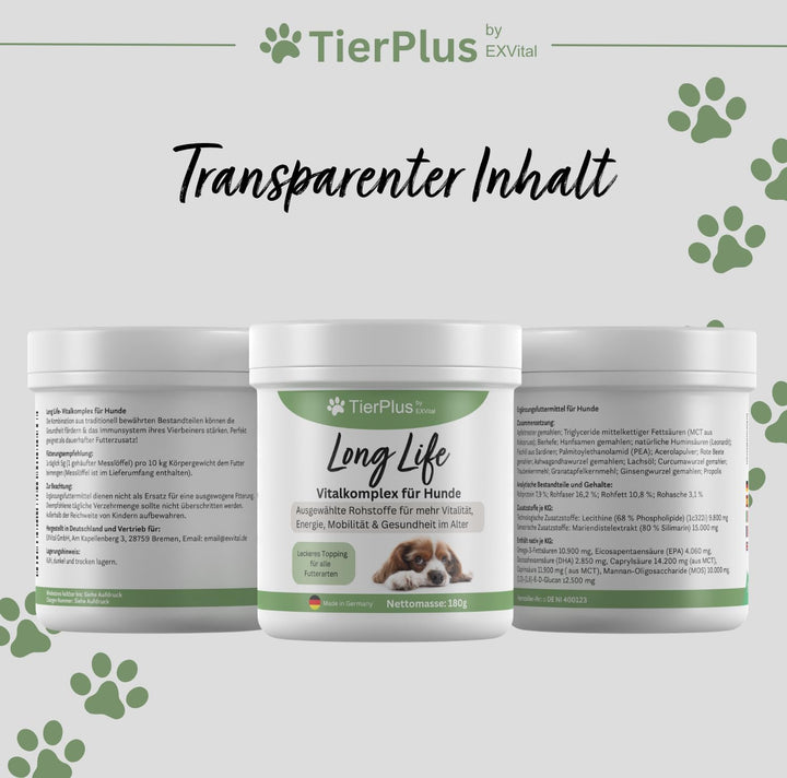 Long Life Vitalkomplex-Pulver für Hunde, mit Omega 3 Fettsäuren, Propolis &amp; mehr, TierPlus von EXVital