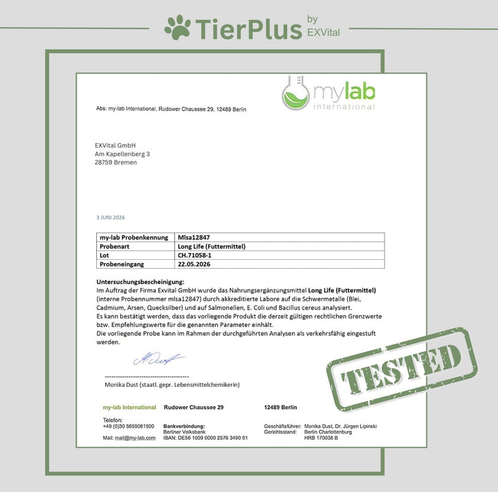 Long Life Vitalkomplex-Pulver für Hunde, mit Omega 3 Fettsäuren, Propolis &amp; mehr, TierPlus von EXVital