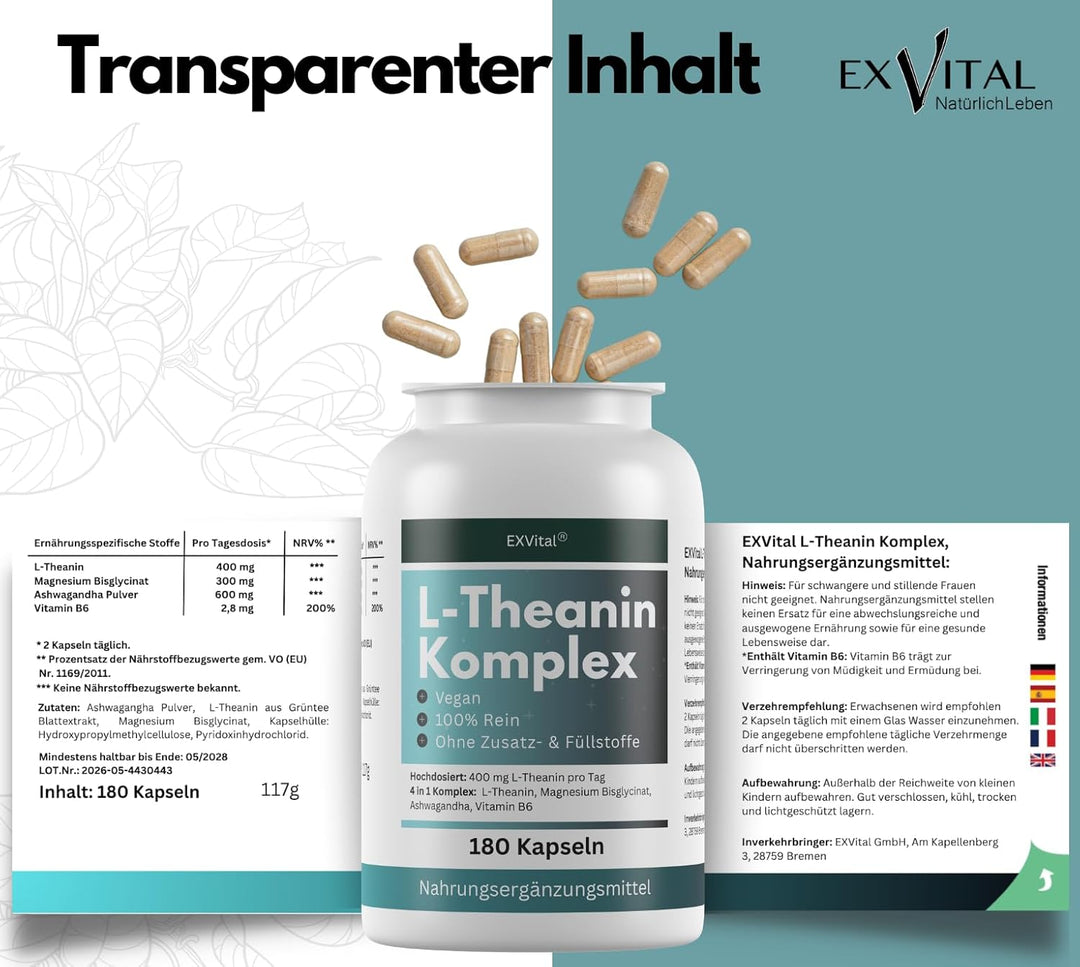 L-Theanin Komplex Kapseln mit Magnesium, Ashwagandha &amp; Vitamin B6 von EXVital