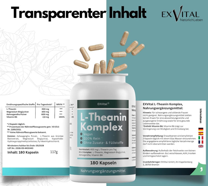 L-Theanin Komplex Kapseln mit Magnesium, Ashwagandha &amp; Vitamin B6 von EXVital