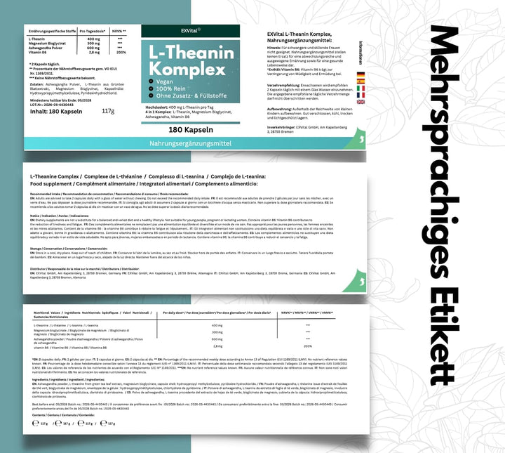 L-Theanin Komplex Kapseln mit Magnesium, Ashwagandha &amp; Vitamin B6 von EXVital
