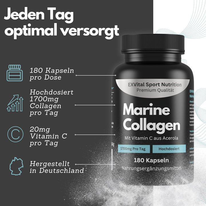 Marine Collagen Kapseln, 1700mg Meereskollagen pro Tag mit Vitamin C von EXVital