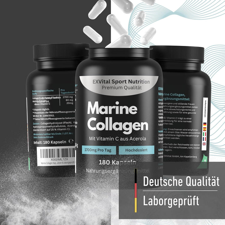 Marine Collagen Kapseln, 1700mg Meereskollagen pro Tag mit Vitamin C von EXVital