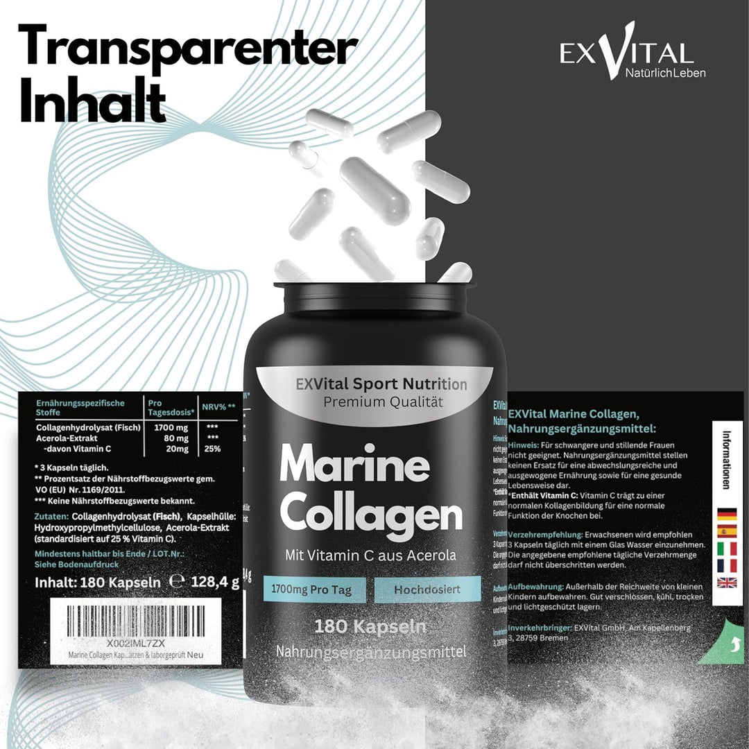 Marine Collagen Kapseln, 1700mg Meereskollagen pro Tag mit Vitamin C von EXVital