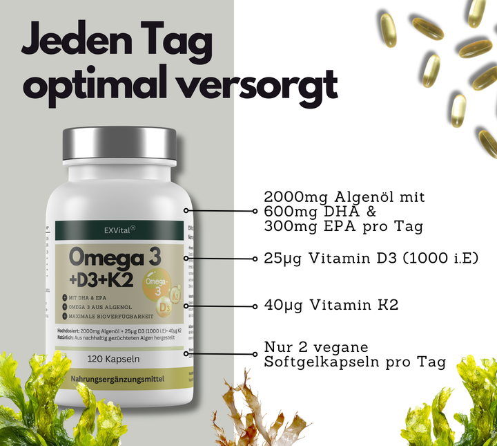 Omega 3 + D3 &amp; K2 Kapseln, 100% vegan aus Algenöl, 120 Stück von EXVital