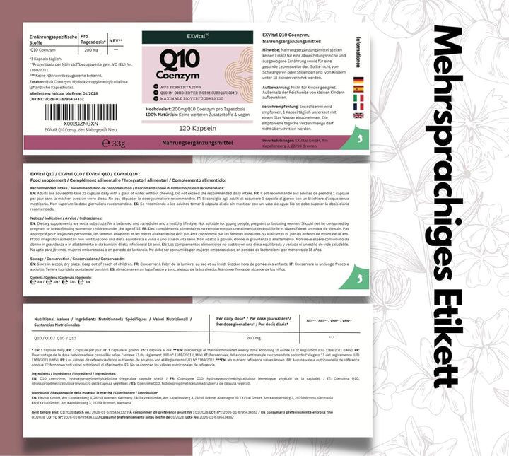 Q10 Coenzym Kapseln, hochdosiert 200mg pro Tag, 120 Stück von EXVital